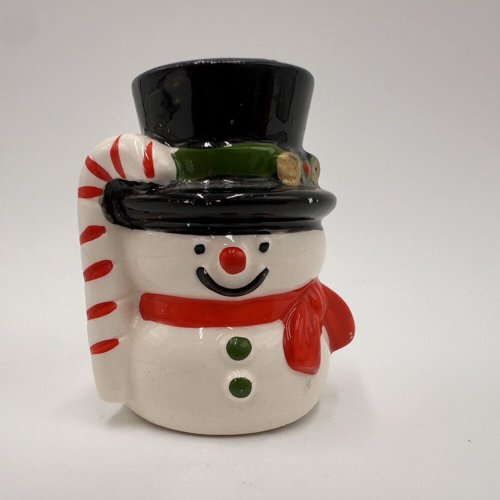 Vintage Painted Snowman Toothpick Holder Figurine with Candy Cane 2.5" Miniature